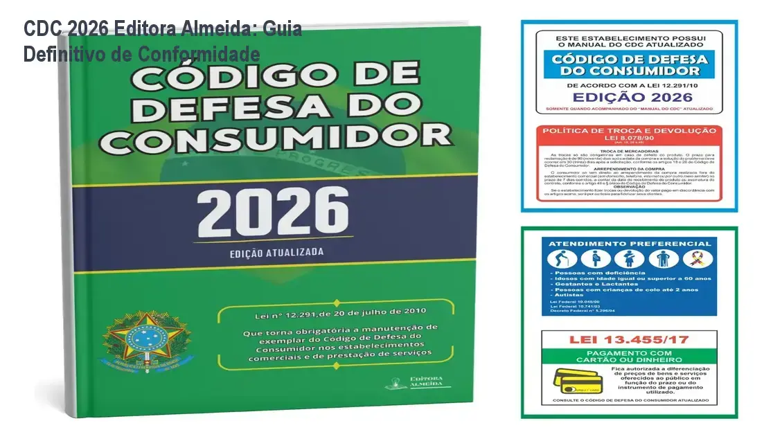 Livro Código de Defesa do Consumidor 2026 com placas adesivas de sinalização obrigatória